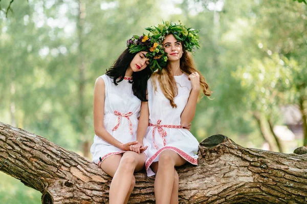 Jeunes Belles Femmes Vêtements Ethniques Reposant Sur Arbre Tombé — Photo