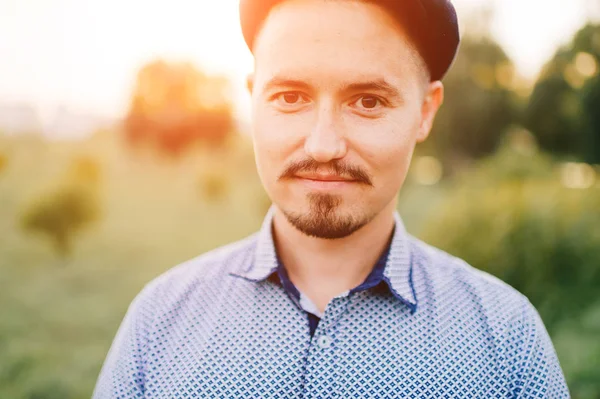 Portrait Handsome Man Posing Blurred Nature Background — Stock Photo, Image