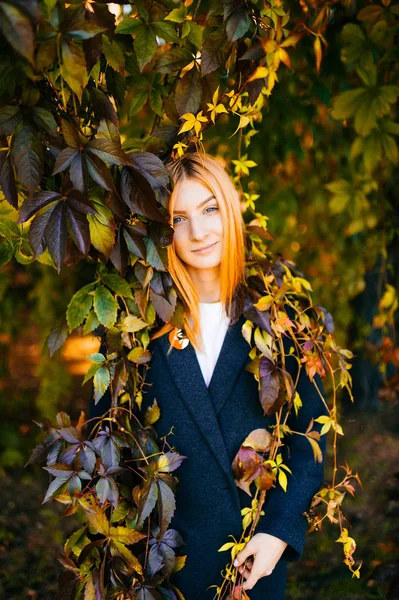 Fiatal Gyönyörű Őszi Botanikus Kertben Vörös Hajjal Hagy Körül — Stock Fotó