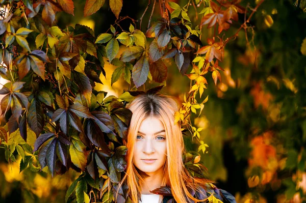 young beautiful woman with red hair in autumn botanical garden with leaves around