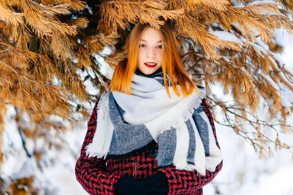 Schöne Frau Mit Roten Haaren Winter Verschneiten Wald — Stockfoto