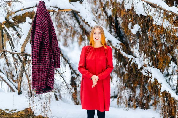 Karlı Kış Ormandaki Kızıl Saçlı Güzel Kadın — Stok fotoğraf