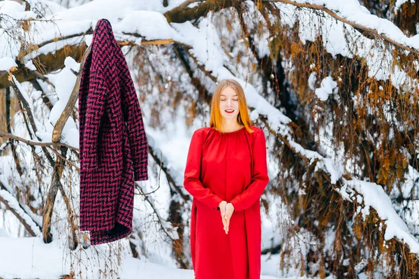 Krásná Žena Rudými Vlasy Zimě Zasněženém Lese — Stock fotografie