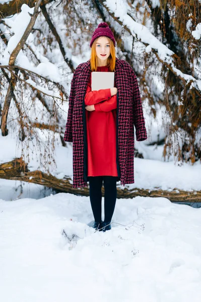Bela Mulher Com Cabelo Vermelho Segurando Livro Inverno Floresta Nevada — Fotografia de Stock