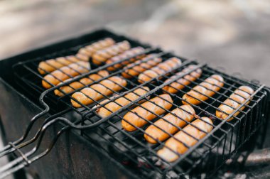 ormandaki ızgarada lezzetli sosis görünümü kadar kapatın