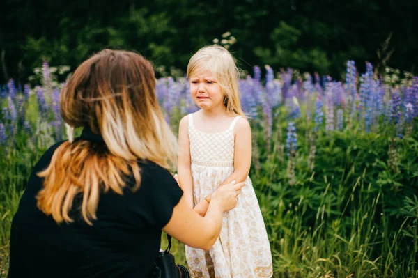 Mother Calming Little Daughter Field — Stock Photo, Image