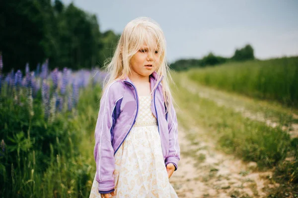 Blonde Meisje Een Witte Jurk Reputatie Gebied Van Lupine — Stockfoto