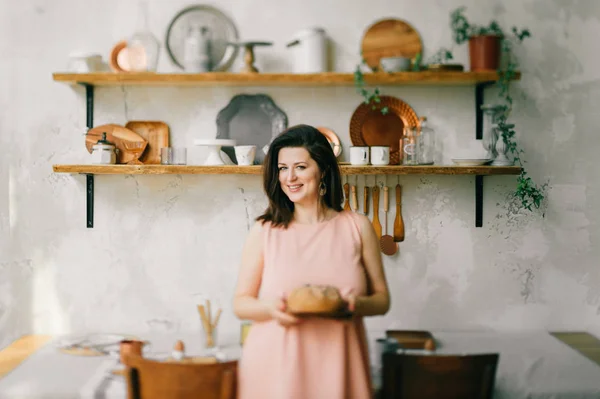 Young Housewife Dress Kitchen Morning — Stock Photo, Image