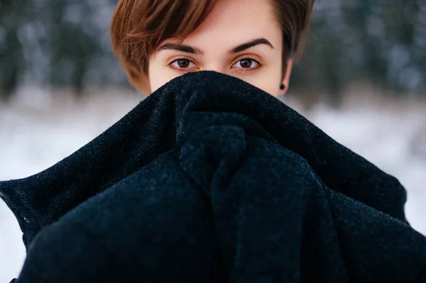 Partial View Woman Covering Face Coat Winter Forest — Stock Photo, Image