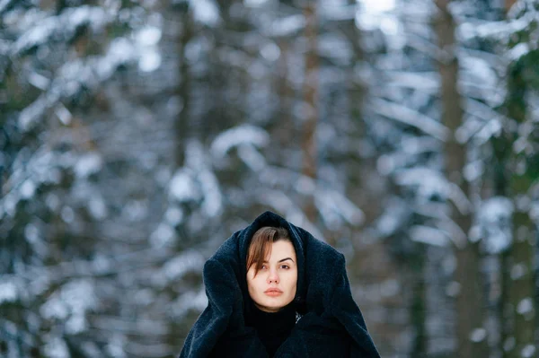 Молода Модель Пальто Голові Стоячи Зимовому Лісі — стокове фото