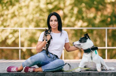 neşeli genç ve kadın ile büyük siyah ve beyaz köpek park küçük kedi