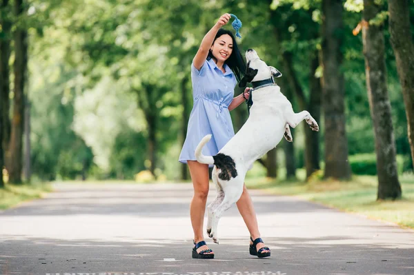 Alegre Joven Vestido Azul Con Gran Perro Blanco Negro Parque —  Fotos de Stock