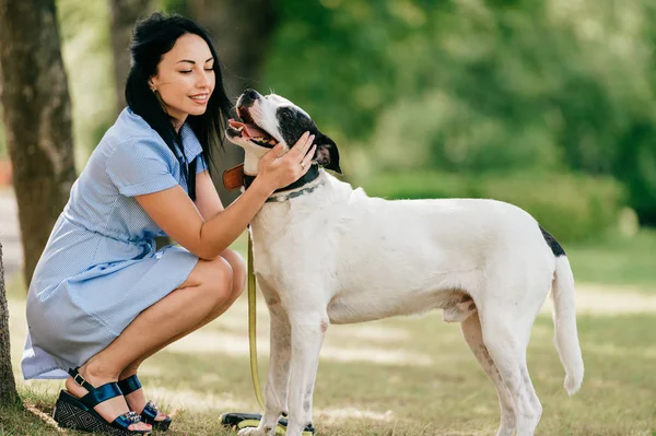 Fröhliche Junge Frau Blauem Kleid Mit Großem Schwarz Weißen Hund — Stockfoto