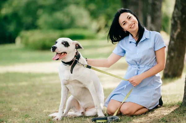 Alegre Joven Vestido Azul Con Gran Perro Blanco Negro Parque —  Fotos de Stock