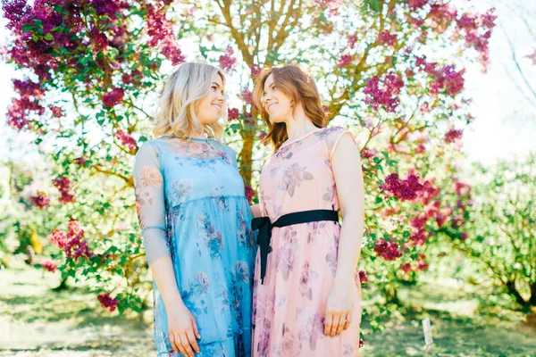 Aantrekkelijke Tweelingzusjes Verschillende Jurken Tijdens Bloei Zomer Botanische Tuin — Stockfoto