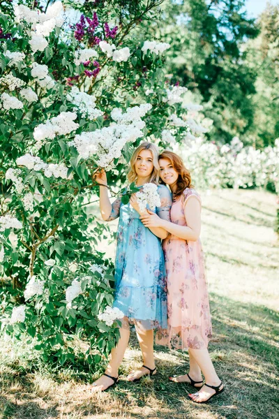 Jolies Sœurs Jumelles Dans Différentes Robes Fleurs Jardin Botanique Été — Photo