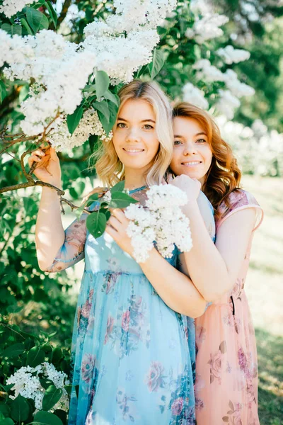 çiçeklenme içinde farklı elbiseler çekici ikiz kardeşler Botanik Bahçesi yaz