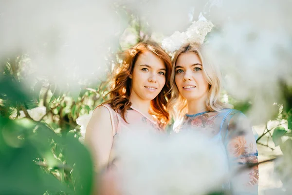 Ελκυστική Δίδυμες Αδελφές Διαφορετικά Φορέματα Στην Ανθοφορία Καλοκαίρι Βοτανικός Κήπος — Φωτογραφία Αρχείου