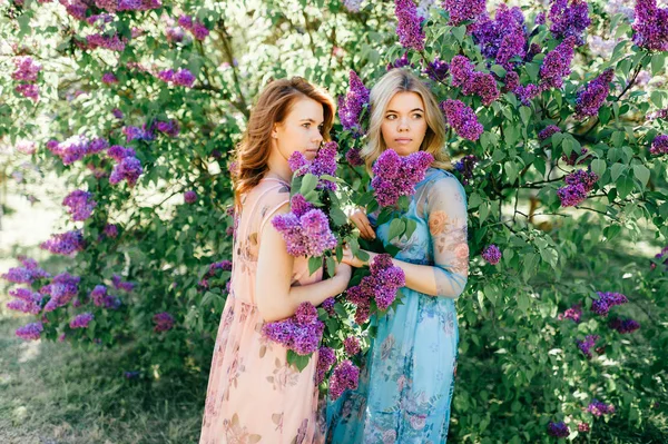 Belles Jeunes Sœurs Jumelles Dans Différentes Robes Fleurs Jardin Botanique — Photo