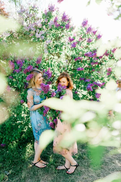 Красивые Молодые Сестры Близнецы Разных Платьях Цветущем Летнем Ботаническом Саду — стоковое фото