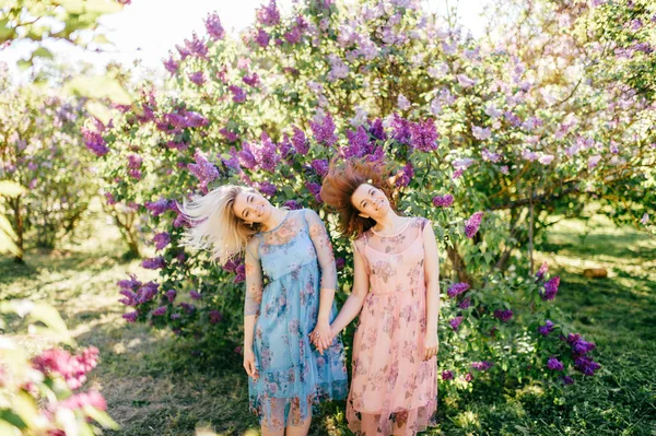 Belles Jeunes Sœurs Jumelles Dans Différentes Robes Fleurs Jardin Botanique — Photo