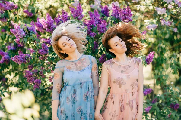 Belas Irmãs Gêmeas Jovens Vestidos Diferentes Jardim Botânico Florescendo Verão — Fotografia de Stock