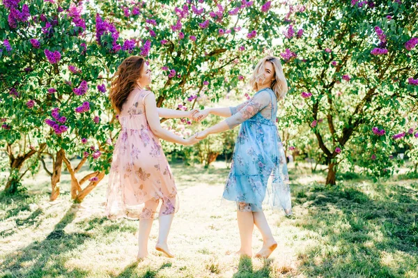 Jeunes Sœurs Jumelles Dans Différentes Robes Amusant Dans Jardin Botanique — Photo