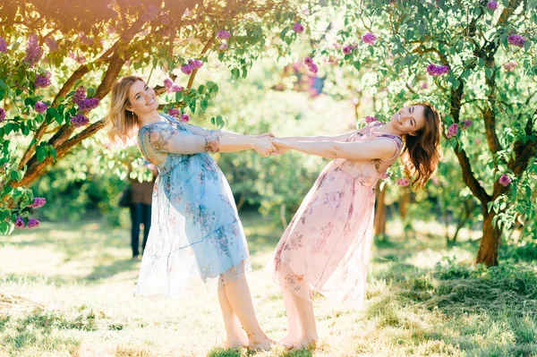 Irmãs Gêmeas Jovens Vestidos Diferentes Divertindo Jardim Botânico Florescendo Verão — Fotografia de Stock