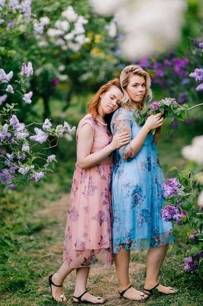 年轻温柔的双胞胎姐妹在盛开的丁香植物园 — 图库照片