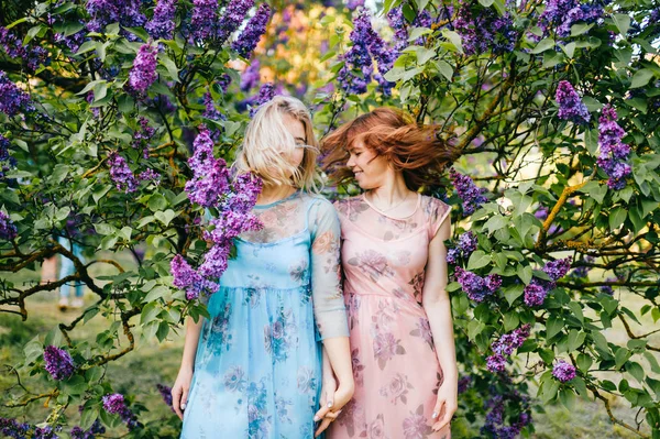 Jonge Tweeling Zusjes Tijdens Bloei Lila Botanische Tuin — Stockfoto