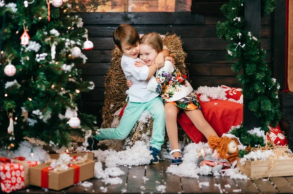 Cute Children Posing Decorated Christmas New Year Studio — Stock Photo, Image