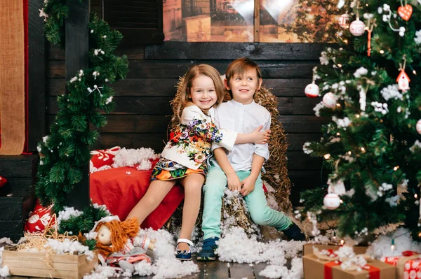 Aranyos Gyerekek Pózol Dekorált Karácsonyt Évet Stúdió — Stock Fotó
