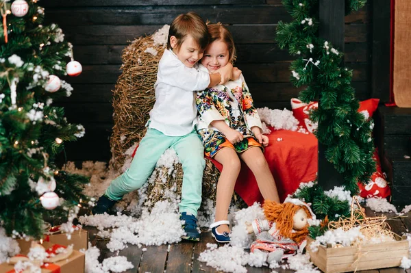 Niños Lindos Posando Navidad Decorada Estudio Año Nuevo —  Fotos de Stock