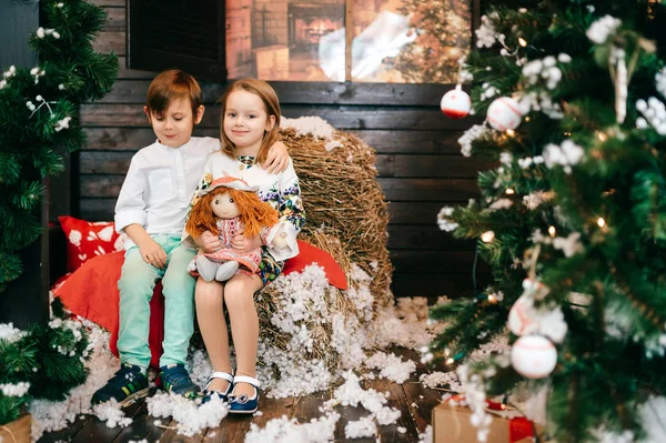 Cute Children Posing Decorated Christmas New Year Studio — Stock Photo, Image