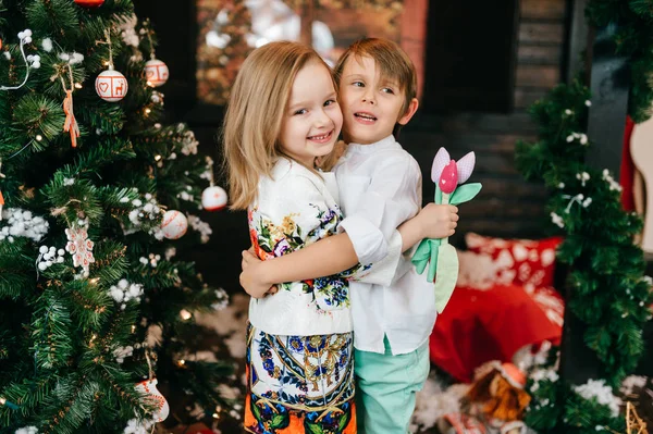 Cute Children Posing Decorated Christmas New Year Studio — Stock Photo, Image