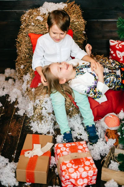 Adorable Kids Posing Decorated Christmas New Year Studio — Stock Photo, Image