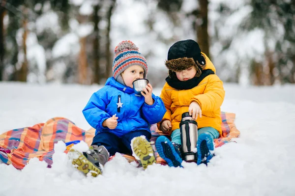 Roliga Barn Rockar Vinter Skog — Stockfoto