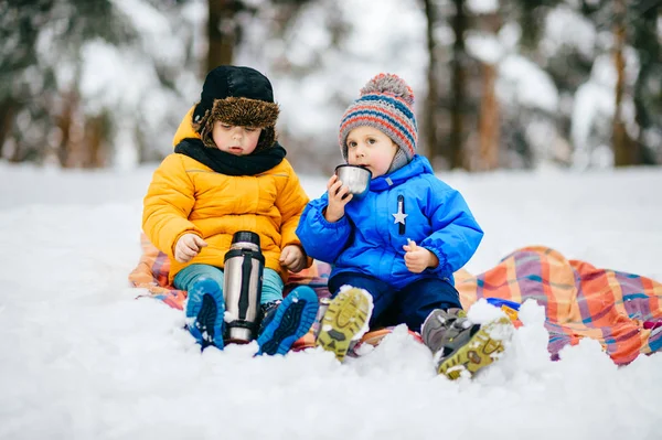 funny children in coats in winter forest