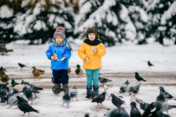 Divertenti Bambini Cappotti Nella Foresta Invernale — Foto Stock