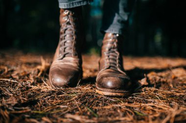 kırpılmış çekim vintage deri adam ayakta sonbahar ormanda çizme.