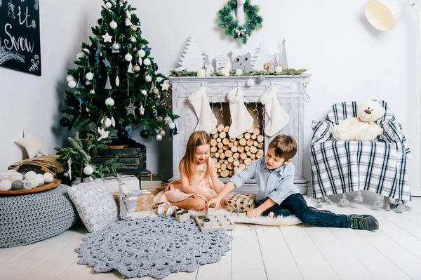 Adorables Niños Pequeños Jugando Estudio Navidad Decorado —  Fotos de Stock