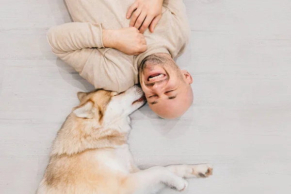 Homem Deitado Chão Com Cão Husky — Fotografia de Stock
