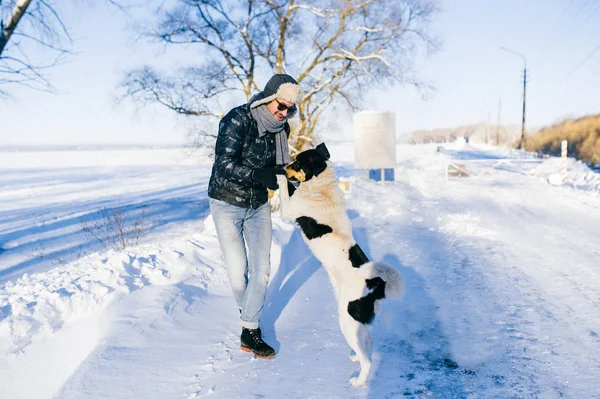 Homem Brincando Com Cão Sem Teto Inverno Dia Nevado — Fotografia de Stock