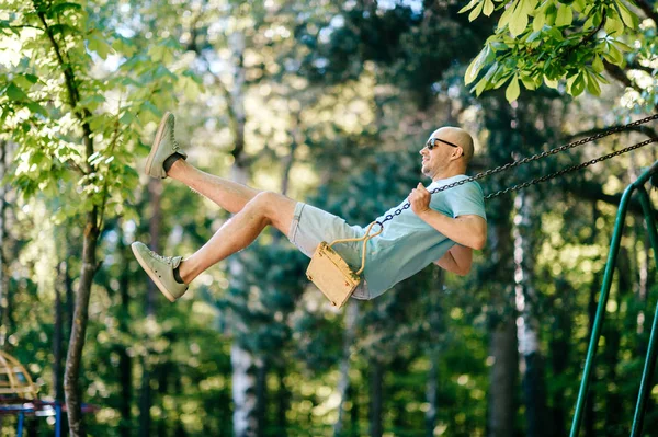Adult Man Swinging Swing Playground Summer Park — Stock Photo, Image
