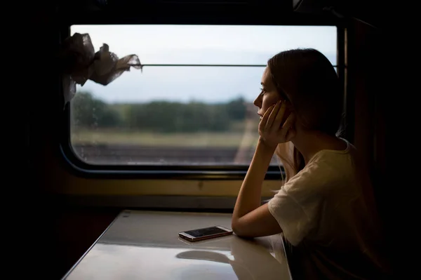 Junge Frau Mit Langen Haaren Allein Zug Unterwegs — Stockfoto