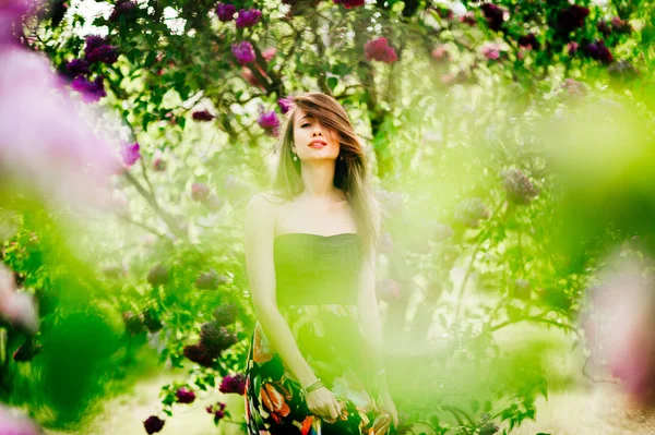 Young Beautiful Woman Long Hair Summer Blooming Garden — Stock Photo, Image
