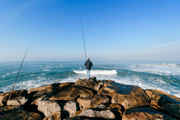 Back View Man Fishing Atlantic Ocean Portugal — Stock Photo, Image