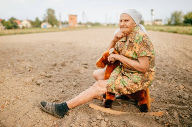 yaşlı kadın ve oyuncak at yaz alanında