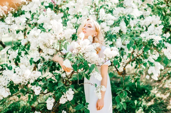 Młoda Piękna Kobieta Białej Sukni Pozowanie Kwitnący Ogród Wiosna — Zdjęcie stockowe