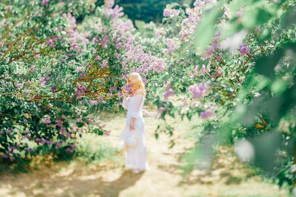 Young Pretty Blonde Woman White Dress Blooming Garden — Stock Photo, Image